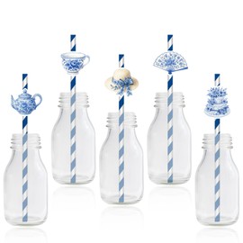 Tea Party Decoration Paper Straws Blue White Porcelain Chinoiserie Party Decor Let's Par-Tea Straws Floral Chinoiserie Garland for Chinese Style Birthday Baby Bridal Shower Wedding Engagement Supplies