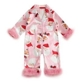 Kavousa Baby Girl Boy Christmas Silk Pajamas Romper Cute Christmas Print Button Down Jumpsuit Toddler Fuzzy Satin Sleepwear (C Santa Claus Pink, 0-3 Months)