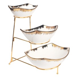 The LIUYWYHCF Three-Tier Ceramic Bowl Rack Features a Foldable Gold Stand and Three Gold-Rimmed 7.1-inch/8.5-inch/10.2-inch Bowls for displaying Food, Fruit, Desserts, and Serving Guests.