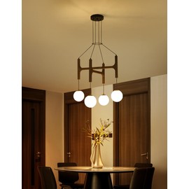 Vintage Milk Glass Pendant Light, Mid Century Wood Chandelier with Rustic Farmhouse Design, 4-Light Hanging Fixture for Kitchen Island, Dining Room, Bedroom Stairwell