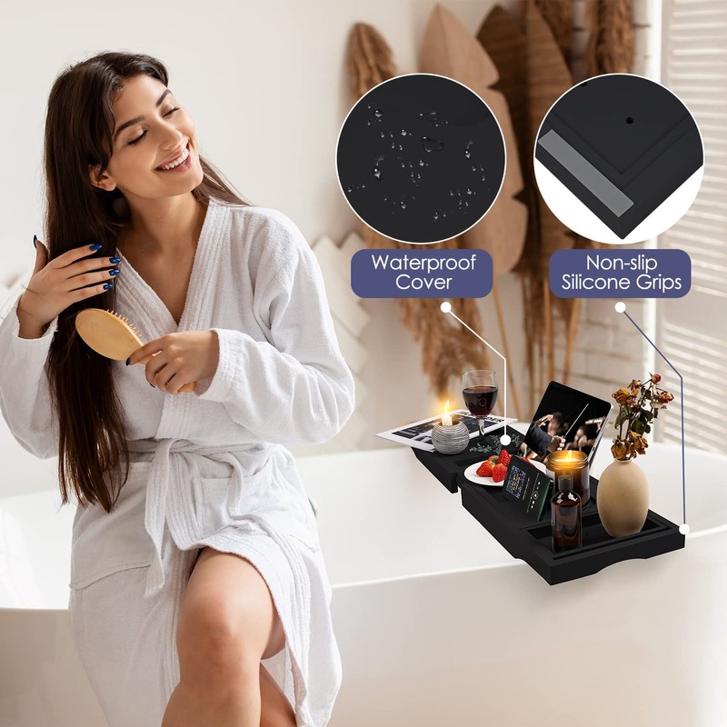 Foldable Bathtub Caddy Tray, Bamboo Bath Tub Tray Table for