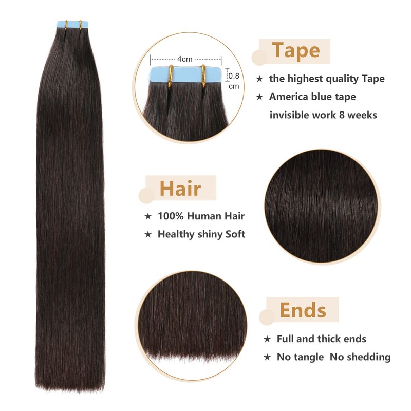 YILITE Tape-In Real Hair Extensions, Remy Off Black Tape Hair
