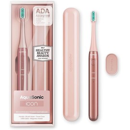Aquasonic Icon ADA-Accepted Rechargeable Toothbrush | Magnetic Holder & Slim Travel Case | 2 Brushing Modes & Smart Timers | Gentle Micro-Vibrations (Blush)