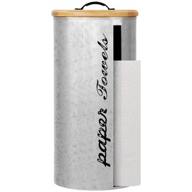 Beeveer Farmhouse Paper Towel Holder Covered Metal Rustic Countertop Paper Towel Dispenser with Wooden Lid Fully Covered Holder for Home Country Bathroom Kitchen 6.3 x 6.3 x 13.4'', Silver