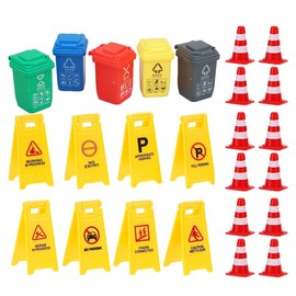 DOITOOL Mini Traffic Signs Set, 25PCS Plastic Street Signs Playset Mini Traffic Cones Yellow Warning Sign Toy Garbage Cans Safety Education Toy for Dollhouse Scene