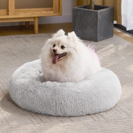 YHUKB Calming Dog Cat Bed, Fluffy Donut Cuddler for Small Medium Large Dog, Anti-Anxiety Deep Sleep，Machine Washable with Slip-Resistant Bottom, Indoor Round Pet Bed (Light Grey,60x60cm)