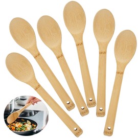 6 Pieces Wooden Spoons for Cooking 30 cm Long Handle Bamboo Spoon Cooking Utensils Set Natural Wooden Spoon Mixing Spoon Serving Spoons Premium Kitchen Utensils for Non-Stick Cookware