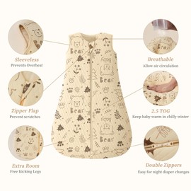 Looxii Baby Sleeping Bag 2.5 TOG 100% Cotton Winter Toddler Sleep Sack Baby Wearable Blanket for Boys and Girls 12-18 Months Black Bear Apricot