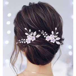 Jeairts Flower Crystal Bridal Hair Pins Rhinestone Wedding Hair Piece Beaded Bridal Hair Clips Leave Headpiece Hair Dress Decorative Hair Accessories for Women and Girls(Pack of 2) (A-Purple)