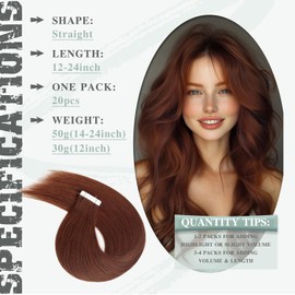 Ve Sunny Tape in Hair Extensions Real Human Hair Invisible Remy Human Hair Straight Tape Ins Double Sided Auburn Brown 18 inch 20Pcs 50G