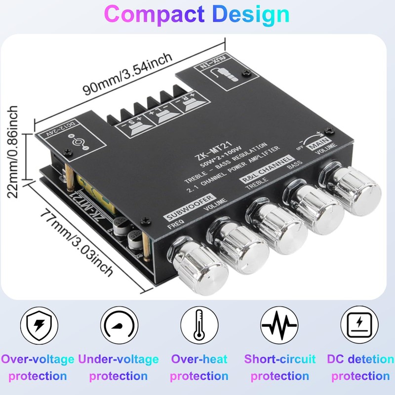 ZK-MT21 2.1 Channel Bluetooth Amplifier Board, 50W×2 + 100W Class