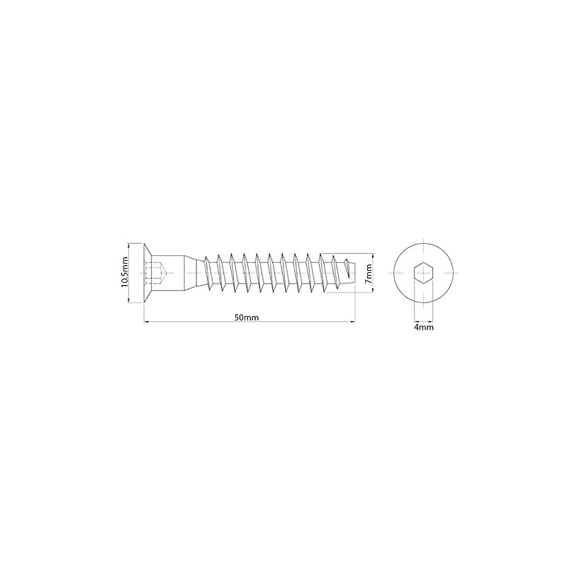 7mm x 50mm Silver Hex Socket Flat Head Confirmat Screws