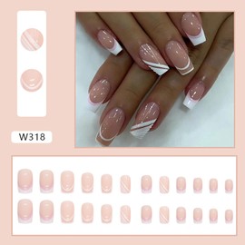 Press on Nails Square Medium French Tip 24Pcs Glossy Full Cover Reusable Artificial Fake Nails with Designs White Coffin Acrylic False Nails Sets Glue Stick on Fingernails with Charm for Women