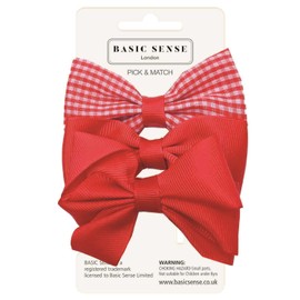 Basic Sense School Bow Hair Clips and Elastic Plain & Gingham Set - Accessories for Girls, Red