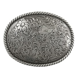 H8136 Western Floral Engraved Pattern Rope Edged Belt Buckle Fits 1-1/2"(38mm) Belt (Antique Silver)