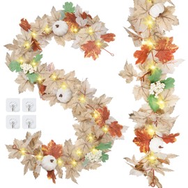 RICHMYC Fall Garlands 2 Pcs, Fall Maple Leaves Garland with Lights 6 Ft Pumpkins Pine Cones Berries for Mantle Home Thanksgiving Fireplace Table Indoor Outdoor Porch Decor, White