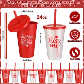 Ziliny 36 Pcs Valentine's Day Tumbler Bulk with Straw and Lid 24 oz Reusable Plastic Heart Cup Clear Red Cups for Coworker Teacher Gifts for Valentines Wedding Anniversary Party Supplies