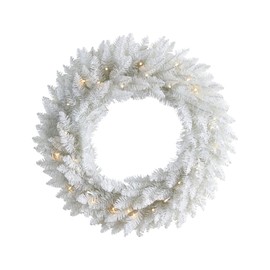 Nearly Natural 24in. White Colorado Spruce Artificial Christmas Wreath with 179 Bendable Branches and 35 Warm LED Lights