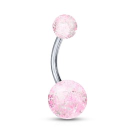 Forbidden Body Jewelry 14g Grade 23 Titanium Pink Ultra Glitter Acrylic Double Ball Belly Button Ring, Metal