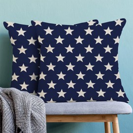 Jecuwo 4th of July Throw Pillow Covers 18x18 Inch Set of 2, Patriotic White Star Blue Decorative Pillow Covers Independence Day Memorial Day Outdoor Cushion Cover for Sofa Couch Farmhouse Room Bed