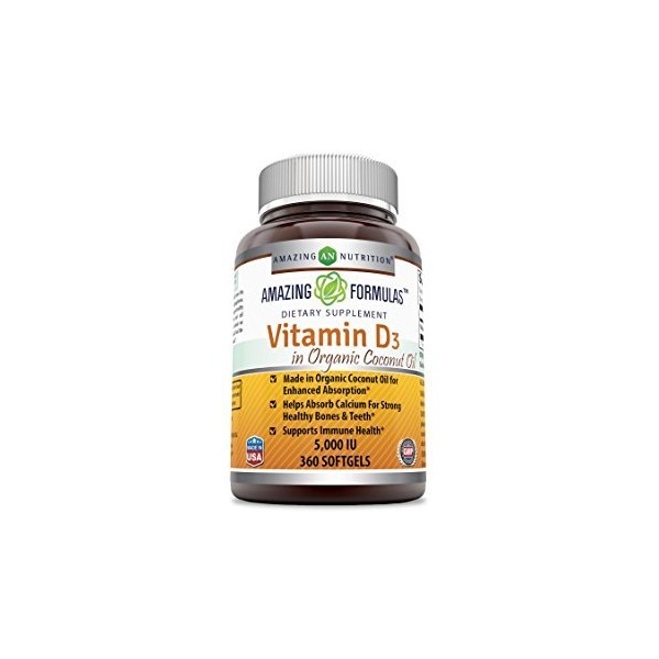 Amazing Formulas Vitamin D3 with Organic Coconut Oil- 5000 IUSoftgels (Non-GMO,Gluten Free)-Vitamin for Optimal Body Function - Supports Bone Health, Cardiovascular Health, Kidney Function (360 count)