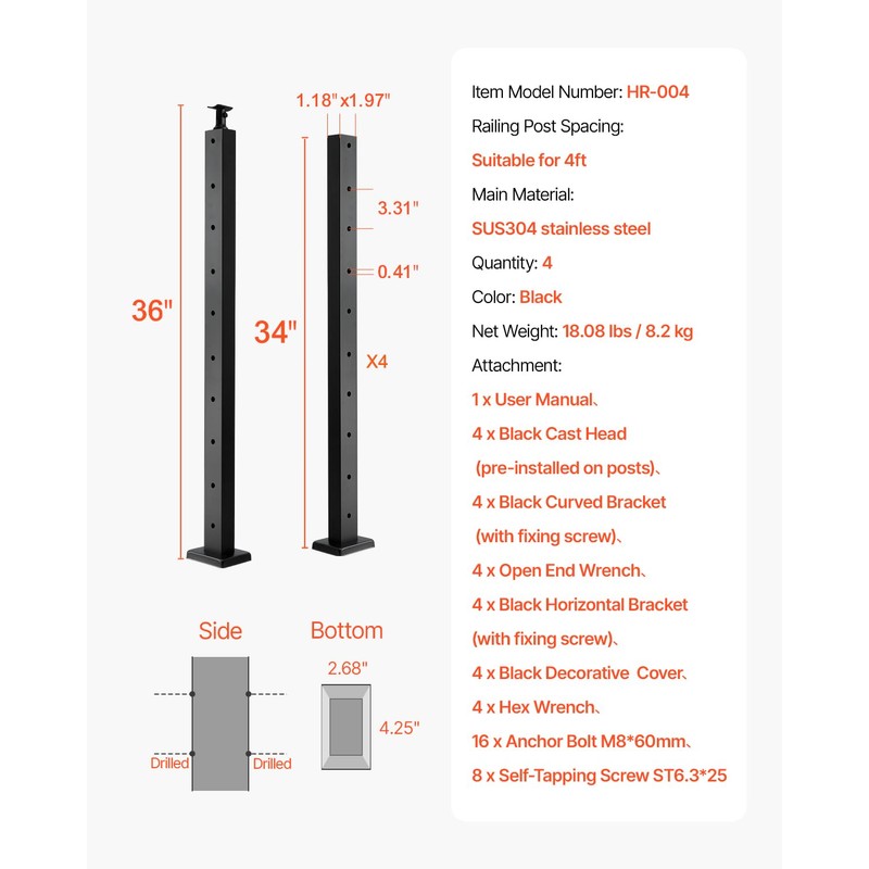 VEVOR 4 Pack Cable Railing Post, 36"x1"x2" Level Drilled Deck