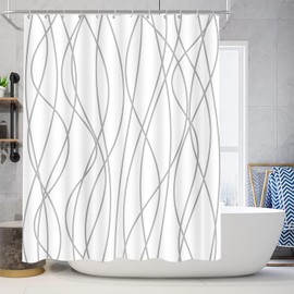 youyouplus 70.8x70.8 Inches Waterproof Shower Curtain, 12 Hooks, Gray and White Striped Design, Weighted Hem, Bath Accessories Hotel Style, Washable Fabric.