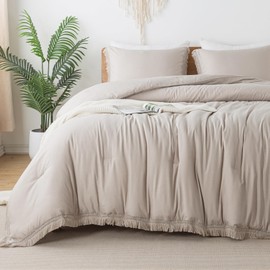 Andency Oatmeal Comforter Set King Size, 3 Pieces Boho Tassel Lightweight Bedding Comforter Sets for King Bed, All Season Soft Fluffy Fringe Bed Set (104x90In Comforter & 2 Pillowcases)