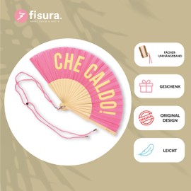 Fisura Original Hand Fan with the Message Che Caldo Modern and Funny Wooden Fan Pink and Yellow Fan Fan with Fan Holder Dimensions: 42.5 x 23 cm