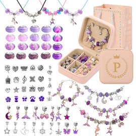HAPTIME Charm Bracelet Making Kit, Jewelry Making Kit for Girls, DIY Necklace Kit with Initial Jewelry Box, Unicorns Crafts Arts Girls Toys Age 6-8 8-12 Birthday Valentines Day Gifts for Kids - P