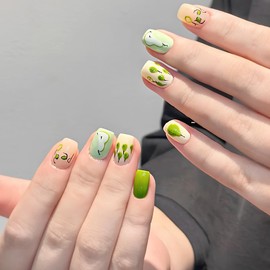 ALLEVG Nail Tips, 24 Pieces, Short, Avocado Green, Spring, Summer, Popular, Japanese Style, Cute, Simple, Stylish, Coming of Age Ceremonies, School Entrance Ceremonies, Graduation Ceremonies, Weddings