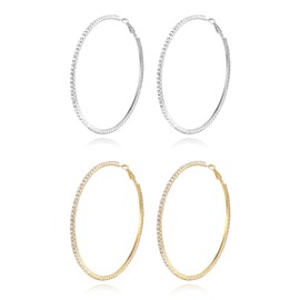 EVER FAITH 2 Pairs 60-100 mm Large Hoop Earrings, Sparkling Rhinestones, Large Hoop Earrings for Women and Girls, Crystal
