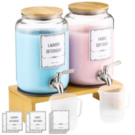 Laundry Detergent Dispenser. 0.9 Gallon Glass Laundry Soap Liquid Laundry Detergent Dispense. Fabric Softener Dispenser with Stand and Bamboo Lid. Laundry Room Organization and Storage
