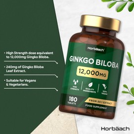 Ginkgo Biloba Tablets 12000mg | High Strength 50:1 Extract with 24% Glycosides & 6% Lactones | Vegan, No Artificial Preservatives | Supports Circulation & Cognitive Function | 180 Tablets (3-Month Supply) by Horbaach