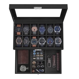 SONGMICS Watch Box, 12-Slot Watch Case Organizer with Large Glass Lid, 2 Layers, Removable Pillows, Metal Lock, Gift for Loved Ones, Black Synthetic Leather, Christmas Gift, Black Lining UJWB012B03