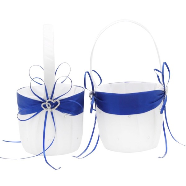 2 cestini di fiori per nozze in spiaggia bianco e blue reale con decorazione doppio cuore in strass.