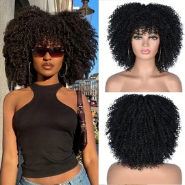WigDreams 10/12 Inch Short Afro Kinky  Coily Hair Wigs for Black Women, Fluffy Glueless Wigs with Bangs, Wear and Go Synthetic Full Machine Wigs for Daily Party  curly - Color: Brown-12IINCH