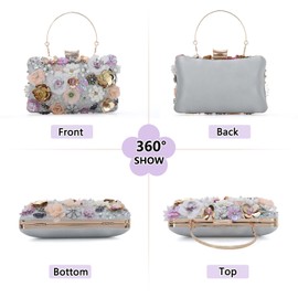 Fecialy Women's Floral Evening Handbags Colorful Rhinestone Clutch Purses Floral Bride Wedding Handbag Chain Shoulder Bag, Silver