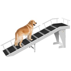 HOOBRO Dog Ramp for Bed, Large Wooden Pet Ramp for Dogs with Non-Slip Carpet Surface, Safety Rails, and Top Platform, 70.9" x 15.7" x 23.6", White and Black BW18PT03G1