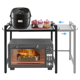 2 Tiers Adjustable Microwave Stand,Extendable Microwave Oven Rack with 6 Hooks 12.99-16.93 Inch Height Adjustable 66.14 Lbs Loading Capacity Heavy Duty Microwave Toaster Countertop Stand
