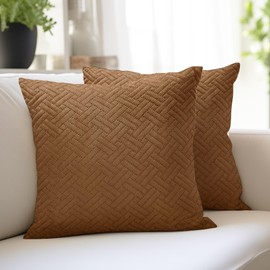 Encasa Cushion Covers 50x50 cm Set of 2 | Solid Color Quilted Velvet Sofa Cushion Covers | only Covers No Insert | Both Side Quilted Fabric | Brown | Decorative Pillow Covers For Home