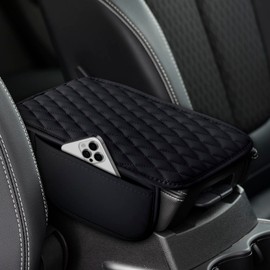 Car Armrest Cushion,Upgraded Leather Car Center Console Cover with 2 Storage Bags,Scratch & Wear Resistant Armrest Mat,Universal Center Console Pad,Car Interior Accessories for Most Vehicles (Black)