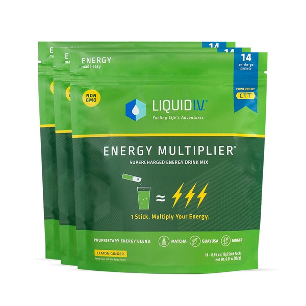 Liquid I.V. Hydration + Energy Multiplier - Lemon Ginger - Hydration Powder Packets | Electrolyte Drink Mix | Easy Open Single-Serving Stick | Non-GMO | 42 Sticks