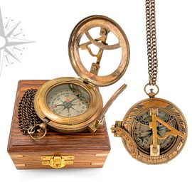 VARTH Push Button Sundial Compass with Wooden Box, Customizable, Gift for Travel, Hiking, Camping, Wedding, Antique
