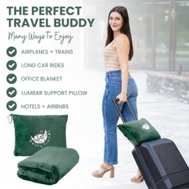 Resty Travel Blanket - Compact Airplane Blanket with Bag - Small and Lightweight Traveling Blanket & Pillow - Portable Blankets with Carabiner for Easy Transport - Plane Train Car (Forest Green)