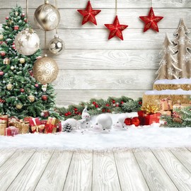Dudaacvt 10x10ft Christmas Backdrop Christmas Tree Gift White Wood Floor Decorations for Xmas Party Background New Year Party Background D646