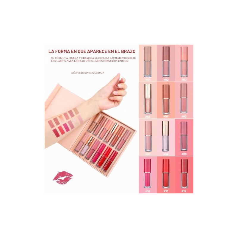 12 Piezas Kit Lápiz Labial, Brillo de Labios Líquido Mate