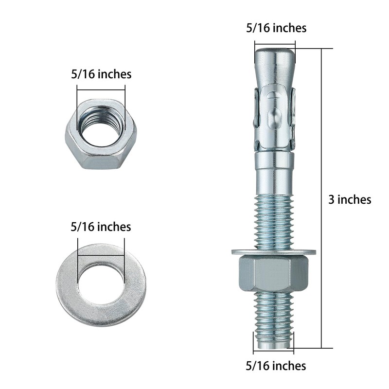 Wensilon 5/16x3" 10Pcs Inch Standard Fasteners for Heavy-Duty Zinc Wedge