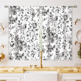 oolygoo Black White Flower Small Kitchen Curtains Vintage Floral Plant Window Treatment Spring Botanical Cafe Short Window Curtains for Bathroom Dining Laundry Room Tier Treatment Drapes 27.5x39 inch