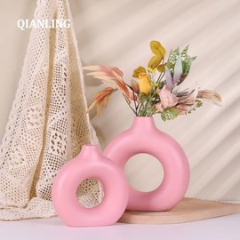 QIANLING Jarrón de cerámica, 2 jarrones redondos rosados, jarrones rosas para decoración, floreros, sala de estar, mesa de comedor, oficina, casa de campo, centros de mesa